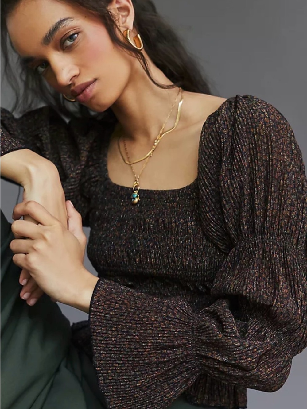 Anthropologie Shimmer Puff-Sleeved Top